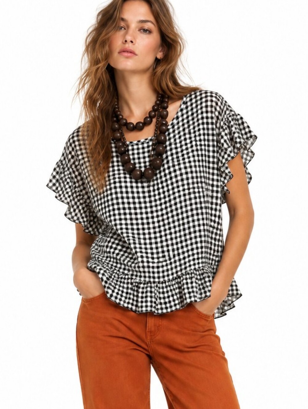 Allison Joy gingham pullover blouse black and white